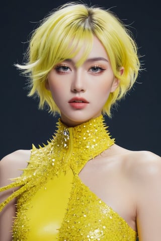 A striking photo of an alluring pretty woman. A striking portrait of a modern and fantasy-inspired fashionista, featuring a beautiful young woman with a trendy, super short, and wavy hairstyle. Her fierce look is enhanced by a few unruly spiky strands, and she wears a bright yellow outfit adorned with shimmering diamond-like accents. The glitch-like style and vibrant colors evoke a Matrix-inspired vibe, with the striking impasto technique adding depth and texture to the image. The 3D render presentation adds to the conceptual and futuristic feel of the artwork, photo, conceptual art, fantasy, fashion, ,hubggirl