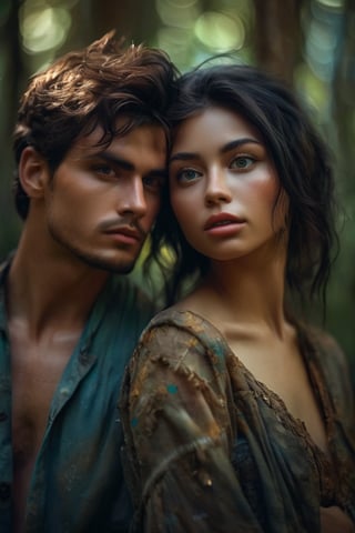 Passionate couple portrait, (man and woman:1.3) in rags, masterpiece, high quality, solo focus, whole body, at a high angle, (perfect face: 1.3) complex (great detail: 1.3) body, closed navel, closed, eyes up, extremely detailed eyes and face, piercing gaze, big eyes, forest in the background, dense forest, butterflies, fireflies, Nikon d850 4 kodak portra 400 camera, f1. 6 lens, rich colors, hyperrealistic texture, dramatic, unreal engine, cinematic lighting,  is trending on Artstation