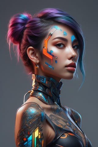 A captivating conceptual art piece featuring a hybrid-colored, futuristic young lady with a wild and alluring style. The gorgeous character is adorned in an intricate and vibrant body art design, which is accentuated by the high-quality 3D render and HDR lighting. The overall aesthetic is a blend of cyberpunk and avant-garde, with a touch of surrealism, creating a striking visual experience.