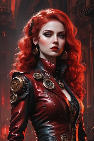 A stunning cinematic illustration of a steampunk vampire girl, with a blend of dieselpunk, cyberpunk, biopunk, and clockpunk elements. She is dressed in an intricate fusion of metal gears, clockwork mechanisms, and dark, gothic fashion. The vampire girl has long, flowing red hair and a captivating, mysterious expression. Her vampiric features are accentuated with dark makeup and an elegant, blood-red outfit. The background showcases a dystopian cityscape, reflecting the various punk genres with a mix of Victorian-era architecture, neon lights, and bio-mechanical structures. The artwork exudes a sense of style, drama, and dark romance., painting, cinematic, fashion, illustration, poster, anime