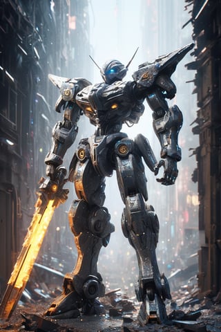 hyperrealistic, best quality, masterpiece, analog film photo, studio lighting, 1 giant robot crouched on a destroyed building, glowing eyes, Bionicle, futuristic mecha, mask cyberpunk, raining, smokes, sparkles, complex 3d render ultra detailed absurdres, highres, 8k, CG, wallpaper, (realistic, photo-realistic:1.3),Amazing, finely detailed, best quality, bokeh, depth of field