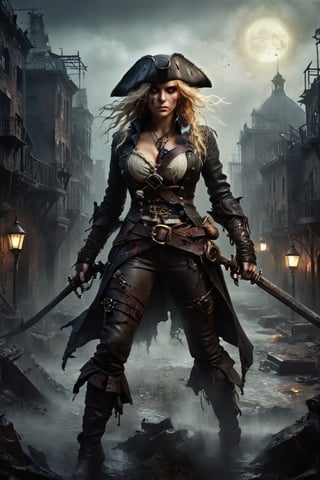 A stunning, high-definition photo featuring a beautiful young woman, a dynamic action curvy figure. A hauntingly beautiful conceptual art piece featuring a fierce blonde pirate girl emerging from an ancient sewer grate. She is dressed in a ragged, tattered outfit with a worn leather hat and wields a rusty cutlass. Her fierce eyes pierce through the darkness, while her wild, untamed hair whips around in the wind. The background reveals a dimly-lit, gloomy cityscape with eerie gaslights casting a sinister glow on the crumbling buildings. This dark fantasy illustration exudes a mysterious atmosphere, showcasing the strength and determination of the pirate girl amidst the decaying city, dark fantasy, illustration, photo, conceptual art