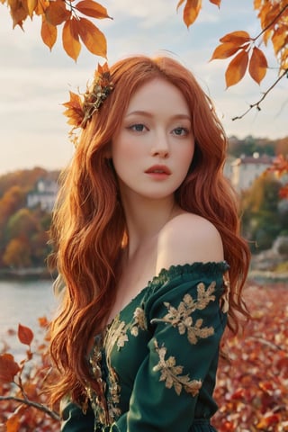 A stunning close-up picture that captures the essence of love and beauty. A captivating and vibrant conceptual art piece, featuring a young adorable woman with very long cascading red hair, seamlessly merging into a picturesque autumn landscape. She stands gracefully amidst a sea of golden leaves, her hair intertwined with branches and foliage. Behind her, a majestic castle stands proudly against an intense orange sky, as if it's on fire. The overall atmosphere of the illustration is cinematic and surreal, evoking a sense of wonder and enchantment, cinematic, vibrant, conceptual art,dal,photo