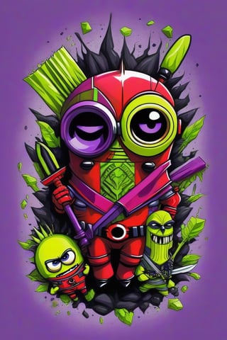 A whimsical artwork. A amesmerizing fusion of Minion and Deadpool, is depicted with an elongated face adorned with bold, geometric shapes and a vibrant color palette of lime, purple, white. Wielding a Big Chief knife with a sinister, reflective blade that reads "DEADTH" the subject exudes danger and unease. comical caricature