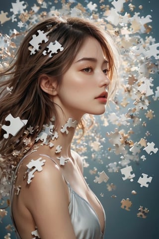 hyperrealistic, best quality, masterpiece, analog film photo, studio lighting. A commercial photography of a hyper-realistic digital artwork featuring a female model composed of puzzle pieces. The right side of her figure is artistically depicted as being blown away, scattering into the air. Her expression is serene, contrasting with the dynamic disassembly of her form. The pieces are finely detailed, each reflecting light uniquely, adding a sense of depth and complexity to the image. The color scheme of the artwork is subtle, with natural tones that emphasize the surreal yet delicate nature of the scene. 