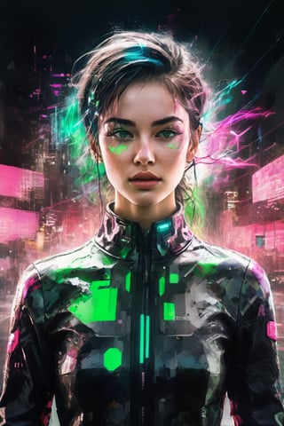 hyperrealistic illustration, best quality, masterpiece digital painting, minimalist movie poster, a cyberpunk female hacker known as "THE GLITCHER," their body perpetually glitching and distorting. The figure's skin is a fragmented mosaic of colors, emitting vivid neon pink and green hues. Surrounding them are floating lines of corrupted code and glitching holograms. Their eyes glow with an unsettling, flickering light. They wear a high-tech suit that is constantly shifting and reforming. In one hand, they hold a glitching data spike, while the other hand seems to dissolve into a swarm of digital particles. The background is a stark white void, emphasizing the chaotic and disturbing nature of this digital entity.