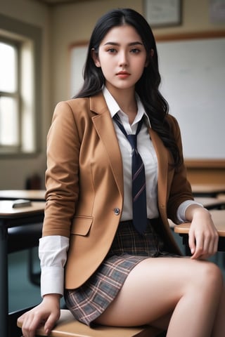 (masterpiece), (best quality),(ultra-detailed),(illustration),(extremely detailed),(perfect anatomy),(super detailed skin),(detailed),(beautiful detailed eyes),1girl,solo,black hair,long hair,long hair,bea3 eyes,big breasts,(plaid skirt),skirt,(school uniform), (white shirt),(brown blazer:1.1),partially unbuttoned,thighhighs, (plaid necktie), curvy, sitting, (knee up:1.1),foot out of frame, eyebrows, sideways glance, light smile, school, classroom