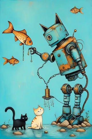 A whimsical art design. Close-up image of a robot hand feed a cat. A blue, worn, rusted in places robotic mechanical arm, with warning labels warning of danger, holds a silver herring by the tail, hanging vertically upside down. A black fluffy cat looks at the fish with big eyes with pleasure. light azure solid background, creative illustration, conceptual art, dadaism