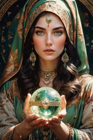 realistic vintage lithograph style, a gorgeous gypsum fortune teller with long dark hair and green eyes, a mysterious young goddess, wearing an embroidered headscarf with many jewels around her neck, holding up a large crystal ball in her hands, close-up of her face, in the style of fantasy art, best quality, highly detailed, 