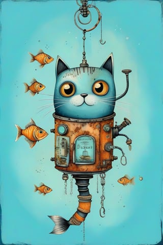 A whimsical art design. A blue, worn, rusted in places robotic mechanical arm, with warning labels warning of danger, holds a silver herring by the tail, hanging vertically upside down. A black fluffy cat looks at the fish with big eyes with pleasure. light azure solid background, creative illustration, conceptual art, dadaism