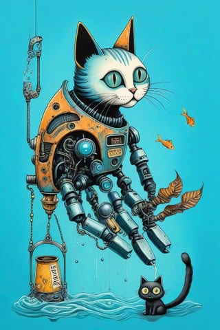 A whimsical surrealistic art design. Close-up image of a robot hand feed a cat. A blue, worn, rusted in places robotic mechanical arm, with warning labels warning of danger, holds a silver herring by the tail, hanging vertically upside down. A black fluffy cat looks at the fish with big eyes with pleasure. light azure solid background, creative illustration, conceptual art, dadaism