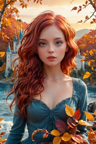 A stunning close-up picture that captures the essence of love and beauty. A captivating and vibrant conceptual art piece, featuring a young adorable woman with very long cascading red hair, seamlessly merging into a picturesque autumn landscape. She stands gracefully amidst a sea of golden leaves, her hair intertwined with branches and foliage. Behind her, a majestic castle stands proudly against an intense orange sky, as if it's on fire. The overall atmosphere of the illustration is cinematic and surreal, evoking a sense of wonder and enchantment, cinematic, vibrant, conceptual art,dal,photo