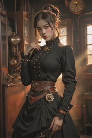 Features a live-action movie character in the style of "Jujutsu Kaisen", Full body, steampunk theme, Victorian era, centered, a young woman, ponytail hair, steampunk dress and accessories, dynamic free pose, vibrant color ,masterpiece artwork, 32k, dslr, uhd, professional photography, best quality, cinematic angle, realistic lighting