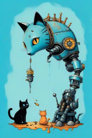 A whimsical art design. Close-up image of a robot hand feed a cat. A blue, worn, rusted in places robotic mechanical arm, with warning labels warning of danger, holds a silver herring by the tail, hanging vertically upside down. A black fluffy cat looks at the fish with big eyes with pleasure. light azure solid background, creative illustration, conceptual art, dadaism