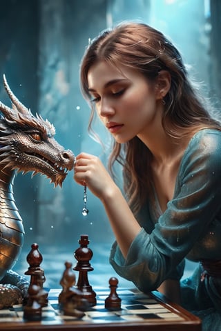 ((masterpiece)), ((best quality)), (((photo Realistic))), expressionism, realism with overdrive, a pretty girl playing chess with the magical dragon, artistic water drops, dynamic pose, tenderness, full-color palette, octane rendering, soft natural volumetric light, bioluminescence atmospheric, sharp focus, centered composition, professional photography, complex background, soft haze, masterpiece. animalistic, beautiful, fine details, 16k,concept art