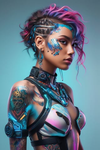 A captivating conceptual art piece featuring a hybrid-colored, futuristic young lady with a wild and alluring style. The gorgeous character is adorned in an intricate and vibrant body art design, which is accentuated by the high-quality 3D render and HDR lighting. The overall aesthetic is a blend of cyberpunk and avant-garde, with a touch of surrealism, creating a striking visual experience.