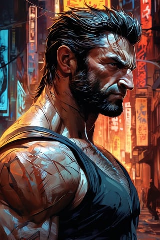 Hyper-realistic digital portrait of Logan, known as Wolverine, a brand new version superhero hybrid of venom,rendered with Dan Hipp's trademark blending of photo-realism and fantastical textures. Wolverine's grizzled face and muscular physique displayed with forensic detail, minor scars and bruises lending gritty verisimilitude. His adamantium claws extended in a combative stance, razor-sharp steel glinting under neon signs of a gritty alleyway. Subtle luminescent threads pulse through muscles and between armor plating like circuitry, smooth, sharp focus, art by Carne Griffiths and Wadim Kashin, unique design suit, award winning photography, masterpiece movie poster