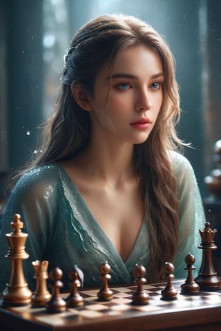 ((masterpiece)), ((best quality)), (((photo Realistic))), expressionism, realism with overdrive, a pretty girl playing chess with the dragon, artistic water drops, dynamic pose, tenderness, full-color palette, octane rendering, soft natural volumetric light, bioluminescence atmospheric, sharp focus, centered composition, professional photography, complex background, soft haze, masterpiece. animalistic, beautiful, fine details, 16k,concept art