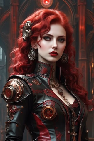 A stunning cinematic illustration of a steampunk vampire girl, with a blend of dieselpunk, cyberpunk, biopunk, and clockpunk elements. She is dressed in an intricate fusion of metal gears, clockwork mechanisms, and dark, gothic fashion. The vampire girl has long, flowing red hair and a captivating, mysterious expression. Her vampiric features are accentuated with dark makeup and an elegant, blood-red outfit. The background showcases a dystopian cityscape, reflecting the various punk genres with a mix of Victorian-era architecture, neon lights, and bio-mechanical structures. The artwork exudes a sense of style, drama, and dark romance., painting, cinematic, fashion, illustration, poster, anime