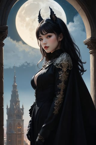 A mysterious female assassin, his half-lower face concealed by a translucent black veil. Her sexy attire is intricately detailed decorated with gleam patterns, featuring a high-collared coat and ornate gloves, with stockings that add to his enigmatic allure. Outer glow around the protagonist to distinguish him from the background. mute the background to distinguish it from the protagonist. Perched on a gargoyle, she gazes out over a cityscape of towering, gothic buildings silhouetted against a moonlit sky. A meticulously detailed, hyper-realist illustration in the style of Norman Rockwell, Jeremy Mann, Dungeons & Dragons, Moebius,and Steve Hanks