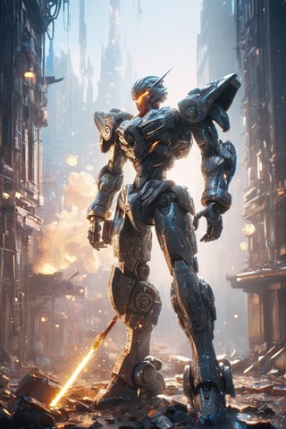 hyperrealistic, best quality, masterpiece, analog film photo, studio lighting, 1 giant robot crouched on a destroyed building, glowing eyes, Bionicle, futuristic mecha, mask cyberpunk, raining, smokes, sparkles, complex 3d render ultra detailed absurdres, highres, 8k, CG, wallpaper, (realistic, photo-realistic:1.3),Amazing, finely detailed, best quality, bokeh, depth of field