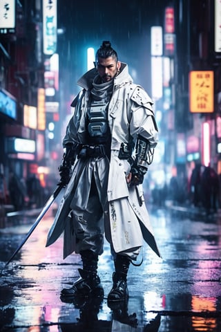 hyperrealistic, best quality, masterpiece, analog film photo, studio lighting, a majestic samurai in shiny white cyberpunk techwear samurai armor, bladerunner city street background with relfections in puddles, highly detailed, hyper-realistic masterpiece, dramatic cinematic lighting, 