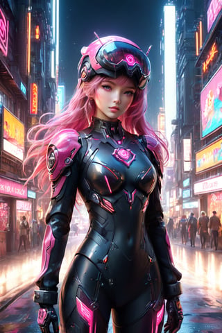 ((masterpiece)), ((best quality)), (((photo Realistic))), (portrait photo), (8k, RAW photo, best quality, masterpiece:1.2), (realistic, photo-realistic:1.3),A captivating cyberpunk-inspired manga illustration targeted at girls, featuring a cute, pink-haired protagonist. She is dressed in a trendy, futuristic outfit with a rose-tinted helmet and adorned with neon heart-shaped accessories. The protagonist holds a milkshake, with its vibrant colors and toppings reflecting the neon theme. The background is a bustling cityscape with towering buildings, holographic advertisements, and a futuristic pink neon sign.,glitter,Fire Angel Mecha,Mecha