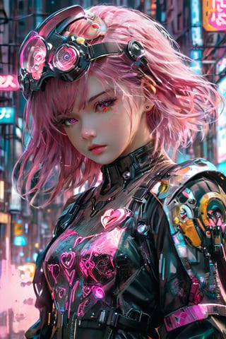 ((masterpiece)), ((best quality)), (((photo Realistic))), (portrait photo), (8k, RAW photo, best quality, masterpiece:1.2), (realistic, photo-realistic:1.3),A captivating cyberpunk-inspired manga illustration targeted at girls, featuring a cute, pink-haired protagonist. She is dressed in a trendy, futuristic outfit with a rose-tinted helmet and adorned with neon heart-shaped accessories. The protagonist holds a milkshake, with its vibrant colors and toppings reflecting the neon theme. The background is a bustling cityscape with towering buildings, holographic advertisements, and a futuristic pink neon sign.,Cyberpunk Clothing