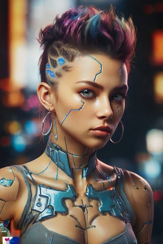 A captivating conceptual art piece featuring a hybrid-colored, futuristic young lady with a wild and alluring style. The gorgeous character is adorned in an intricate and vibrant body art design, which is accentuated by the high-quality 3D render and HDR lighting. The overall aesthetic is a blend of cyberpunk and avant-garde, with a touch of surrealism, creating a striking visual experience.