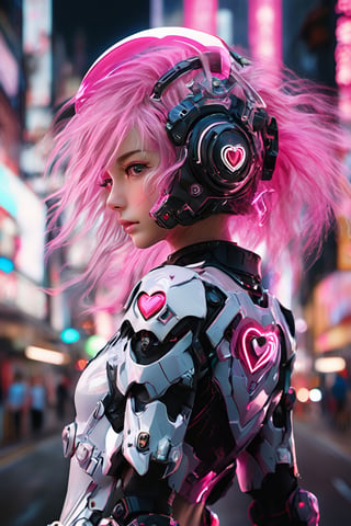 ((masterpiece)), ((best quality)), (((photo Realistic))), (portrait photo), (8k, RAW photo, best quality, masterpiece:1.2), (realistic, photo-realistic:1.3),A captivating cyberpunk-inspired manga illustration targeted at girls, featuring a cute, pink-haired protagonist. She is dressed in a trendy, futuristic outfit with a rose-tinted helmet and adorned with neon heart-shaped accessories. The protagonist holds a milkshake, with its vibrant colors and toppings reflecting the neon theme. The background is a bustling cityscape with towering buildings, holographic advertisements, and a futuristic pink neon sign.