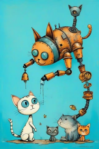 A whimsical art design. Close-up image of a robot hand feed a cat. A blue, worn, rusted in places robotic mechanical arm, with warning labels warning of danger, holds a silver herring by the tail, hanging vertically upside down. A black fluffy cat looks at the fish with big eyes with pleasure. light azure solid background, creative illustration, conceptual art, dadaism