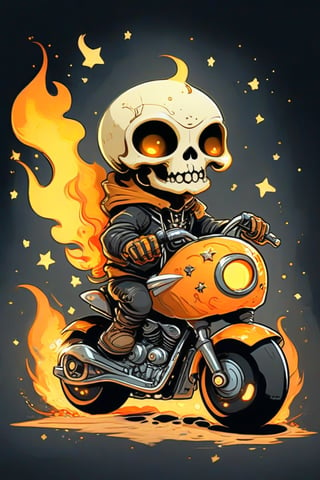 A whimsical art design. A stylized cartoon character, a small, adorable humanoid figure with a skull head, riding a miniature motorcycle. The skull head is oversized, with smooth, rounded features, large black eye sockets and a cute expression. The character has tiny, simplified limbs. The motorcycle is a chibi-style design, with exaggerated proportions, such as large, round headlights and chunky wheels. The bike emits a surreal, glowing aura, mainly in bright orange and yellow hues, resembling flames, which trail behind as if it’s moving fast. The background is dark, nearly black, with stars, creating a stark contrast that highlights the glowing flames and the motorcycle. 