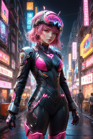 ((masterpiece)), ((best quality)), (((photo Realistic))), (portrait photo), (8k, RAW photo, best quality, masterpiece:1.2), (realistic, photo-realistic:1.3),A captivating cyberpunk-inspired manga illustration targeted at girls, featuring a cute, pink-haired protagonist. She is dressed in a trendy, futuristic outfit with a rose-tinted helmet and adorned with neon heart-shaped accessories. The protagonist holds a milkshake, with its vibrant colors and toppings reflecting the neon theme. The background is a bustling cityscape with towering buildings, holographic advertisements, and a futuristic pink neon sign.,glitter,Fire Angel Mecha,Mecha