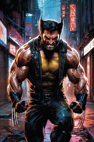 Hyper-realistic digital portrait of Logan, known as Wolverine, a brand new version superhero hybrid of venom,rendered with Dan Hipp's trademark blending of photo-realism and fantastical textures. Wolverine's grizzled face and muscular physique displayed with forensic detail, minor scars and bruises lending gritty verisimilitude. His adamantium claws extended in a combative stance, razor-sharp steel glinting under neon signs of a gritty alleyway. Subtle luminescent threads pulse through muscles and between armor plating like circuitry, smooth, sharp focus, art by Carne Griffiths and Wadim Kashin, unique design suit, award winning photography, masterpiece movie poster