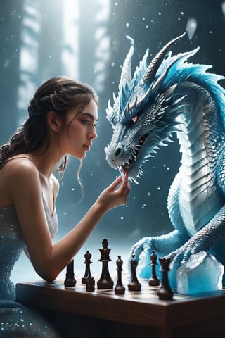 ((masterpiece)), ((best quality)), (((photo Realistic))), expressionism, realism with overdrive, a pretty girl playing chess with the huge magical ice dragon, artistic water drops, dynamic pose, tenderness, full-color palette, octane rendering, soft natural volumetric light, bioluminescence atmospheric, sharp focus, centered composition, professional photography, complex background, soft haze, masterpiece. animalistic, beautiful, fine details, 16k, concept art