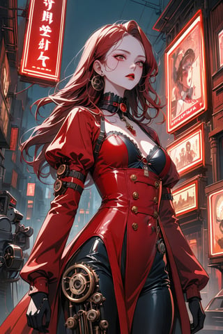 A stunning cinematic illustration of a steampunk vampire girl, with a blend of dieselpunk, cyberpunk, biopunk, and clockpunk elements. She is dressed in an intricate fusion of metal gears, clockwork mechanisms, and dark, gothic fashion. The vampire girl has long, flowing red hair and a captivating, mysterious expression. Her vampiric features are accentuated with dark makeup and an elegant, blood-red outfit. The background showcases a dystopian cityscape, reflecting the various punk genres with a mix of Victorian-era architecture, neon lights, and bio-mechanical structures. The artwork exudes a sense of style, drama, and dark romance., painting, cinematic, fashion, illustration, poster, anime