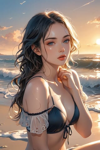 A breathtaking portrait photo of a fit young blonde woman. A stunning cinematic photo capturing a young, attractive woman kneeling on a sandy beach during a serene sunset. She has long black hair and a fair complexion, with subtle makeup accentuating her eyes and lips. Clad in a off-shoulder top and a bikini bottom, she appears to adjust the side tie of her bottoms. The sun casts a soft warm, golden glow on her fair skin and wet hair, while the gentle waves lap at the shore and the horizon fades into the distance. The overall atmosphere of the image is peaceful and captivating, cinematic, 