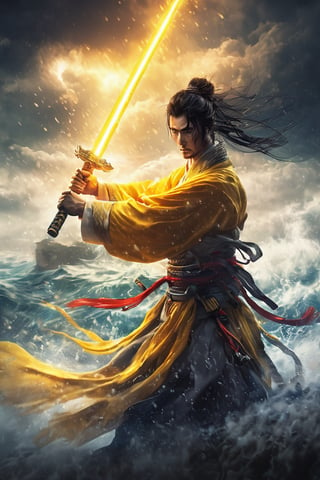 hyperrealistic, a masterpiece. A young samurai assassin in ancient China with black hair and wearing yellow Hanfu is fighting on the sea under heavy rain, right hand raised high to block an attack with a huge gleaming katana, a flame sword with runes, water droplets and splashes poised in mid-air, the detailed background features dark clouds and strong winds to create a realistic movie setting.