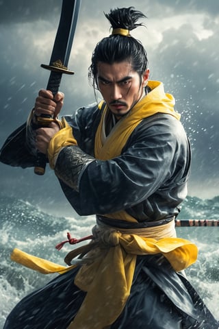 hyperrealistic, a masterpiece. A young samurai assassin in ancient China with black hair and wearing yellow Hanfu is fighting on the sea under heavy rain, right hand raised high to block an attack, water droplets and splashes poised in mid-air, the detailed background features dark clouds and strong winds to create a realistic movie setting.