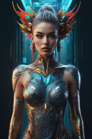 A captivating conceptual art piece featuring a hybrid-colored, futuristic lady with a wild and alluring style. The character is adorned in an intricate and vibrant body art design, which is accentuated by the high-quality 3D render and HDR lighting. The overall aesthetic is a blend of cyberpunk and avant-garde, with a touch of surrealism, creating a striking visual experience.