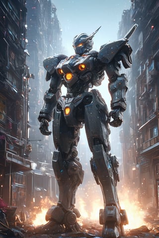 hyperrealistic, best quality, masterpiece, analog film photo, studio lighting, 1 giant robot crouched on a destroyed building, glowing eyes, Bionicle, futuristic mecha, mask cyberpunk, raining, smokes, sparkles, complex 3d render ultra detailed absurdres, highres, 8k, CG, wallpaper, (realistic, photo-realistic:1.3),Amazing, finely detailed, best quality, bokeh, depth of field