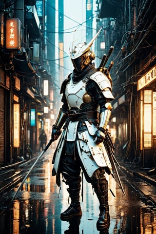 hyperrealistic, best quality, masterpiece, analog film photo, studio lighting, a majestic samurai in shiny white cyberpunk techwear samurai armor, bladerunner city street background with relfections in puddles, highly detailed, hyper-realistic masterpiece, dramatic cinematic lighting, 