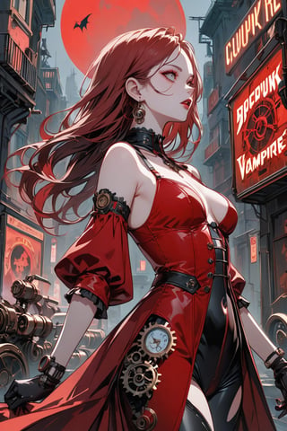 A stunning cinematic illustration of a steampunk vampire girl, with a blend of dieselpunk, cyberpunk, biopunk, and clockpunk elements. She is dressed in an intricate fusion of metal gears, clockwork mechanisms, and dark, gothic fashion. The vampire girl has long, flowing red hair and a captivating, mysterious expression. Her vampiric features are accentuated with dark makeup and an elegant, blood-red outfit. The background showcases a dystopian cityscape, reflecting the various punk genres with a mix of Victorian-era architecture, neon lights, and bio-mechanical structures. The artwork exudes a sense of style, drama, and dark romance., painting, cinematic, fashion, illustration, poster, anime