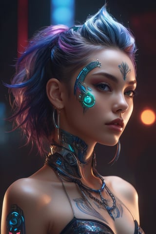 A captivating conceptual art piece featuring a hybrid-colored, futuristic young lady with a wild and alluring style. The gorgeous character is adorned in an intricate and vibrant body art design, which is accentuated by the high-quality 3D render and HDR lighting. The overall aesthetic is a blend of cyberpunk and avant-garde, with a touch of surrealism, creating a striking visual experience.