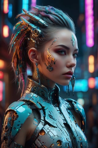 A captivating conceptual art piece featuring a hybrid-colored, futuristic young lady with a wild and alluring style. The gorgeous character is adorned in an intricate and vibrant body art design, which is accentuated by the high-quality 3D render and HDR lighting. The overall aesthetic is a blend of cyberpunk and avant-garde, with a touch of surrealism, creating a striking visual experience.