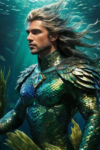 hyperrealistic, a masterpiece movie poster. Beneath the surface of a crystal-clear lake, Nereus, a regal merman warlord, commands his aquatic legions with grace and ferocity. The refracted, shimmering light of the sun dances across his iridescent scales, revealing the intricate patterns and subtle color variations that adorn his powerful form.