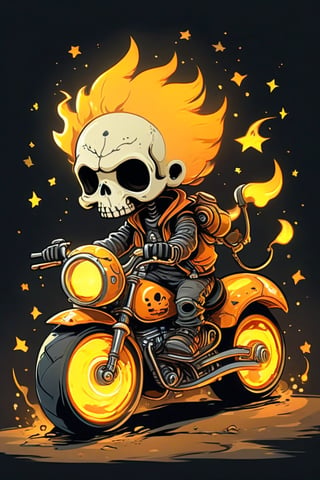 A whimsical art design. A stylized cartoon character, a small, adorable humanoid figure with a skull head, riding a miniature motorcycle. The skull head is oversized, with smooth, rounded features, large black eye sockets and a cute expression. The character has tiny, simplified limbs. The motorcycle is a chibi-style design, with exaggerated proportions, such as large, round headlights and chunky wheels. The bike emits a surreal, glowing aura, mainly in bright orange and yellow hues, resembling flames, which trail behind as if it’s moving fast. The background is dark, nearly black, with stars, creating a stark contrast that highlights the glowing flames and the motorcycle. 