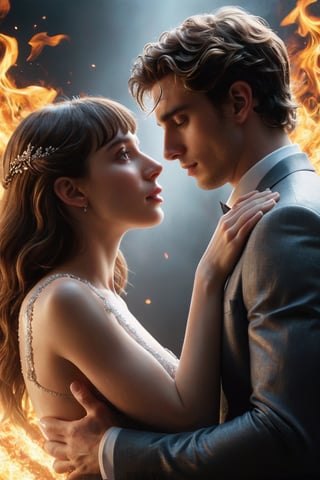  ((masterpiece)), ((best quality)), (((photo Realistic))), Live-action Version Movie Poster with text: "Fifty Shades of Grey" sexy movie scene, "a young alluring goddess" embraces a hunky dude looks like "Timothée Chalamet" as the loving couple characters with ethereal divine flames, diamonds inside the fire of ring, bare senxual fantasy, artistic expression, mysterious, hyber detailed background, passion atmosphere, captured with a DSLR camera and a wide-angle lens, masterful anatomy application, octane rendering, ultra realism, fine art, avant-garde art, delicate macro photography, intricate detailed fine surface, mysterious, perfect composition, highly detailed, fashionist, cinematic composition, sharp focus, ultra detailed, ultra hd, realistic, vivid colors, highly detailed, perfect composition, beautiful detailed artistic photography, photorealistic concept art, soft natural volumetric cinematic perfect light, by AdonisKobi, 8k, octane render, natural lighting, hyperrealistic, masterpiece artwork,fire element