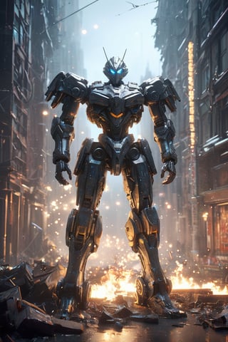 hyperrealistic, best quality, masterpiece, analog film photo, studio lighting, 1 giant robot crouched on a destroyed building, glowing eyes, Bionicle, mecha, mask cyberpunk, raining, smokes, complex 3d render ultra detailed absurdres, highres, 8k, CG, wallpaper, (realistic, photo-realistic:1.3),Amazing, finely detailed, best quality, bokeh, depth of field