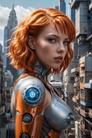 A stunning, high-definition photo in the Hajime Sorayama style, featuring a beautiful young woman, curvy dynamic action figure, capturing a random frame from the epic movie The Fifth Element. The portrait features young Scarlett Johansson as Leeloo, the mysterious and powerful character. The background reveals a futuristic, chaotic cityscape filled with vibrant colors and unusual architecture. The overall composition is striking and thought-provoking, showcasing the artist's exceptional ability to capture the essence of conceptual art., conceptual art, portrait photography, illustration